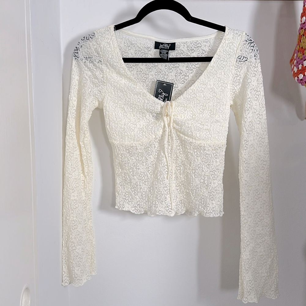 Free People Ivory Lace Tie-Front Long Sleeve Top